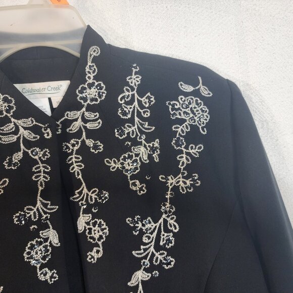 Coldwater Creek Black White Floral Embroider Sequin Open Front Poly Blazer Sz 16 - Picture 8 of 16